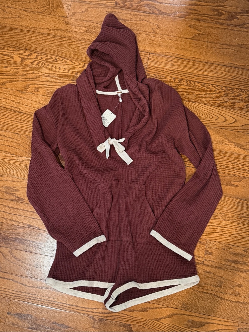 FREE PEOPLE| NWT Burgundy Waffle-Knit Hooded Romper